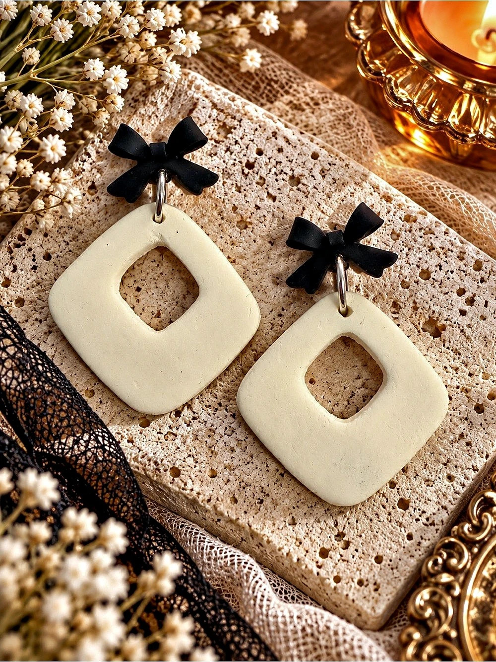Black Bow Cream Geometric Earrings